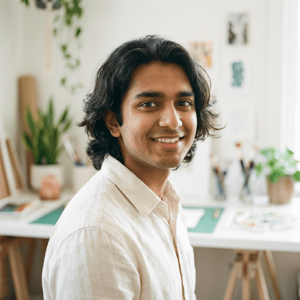 Jafry, lead tutor, smiling warmly in a bright study space