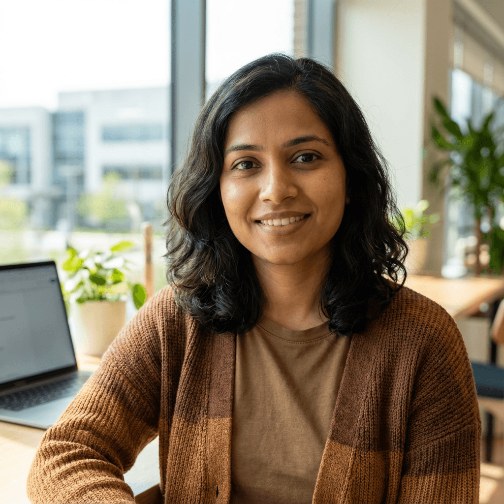 Priya Sharma, mother of a middle school student, in a warm home setting