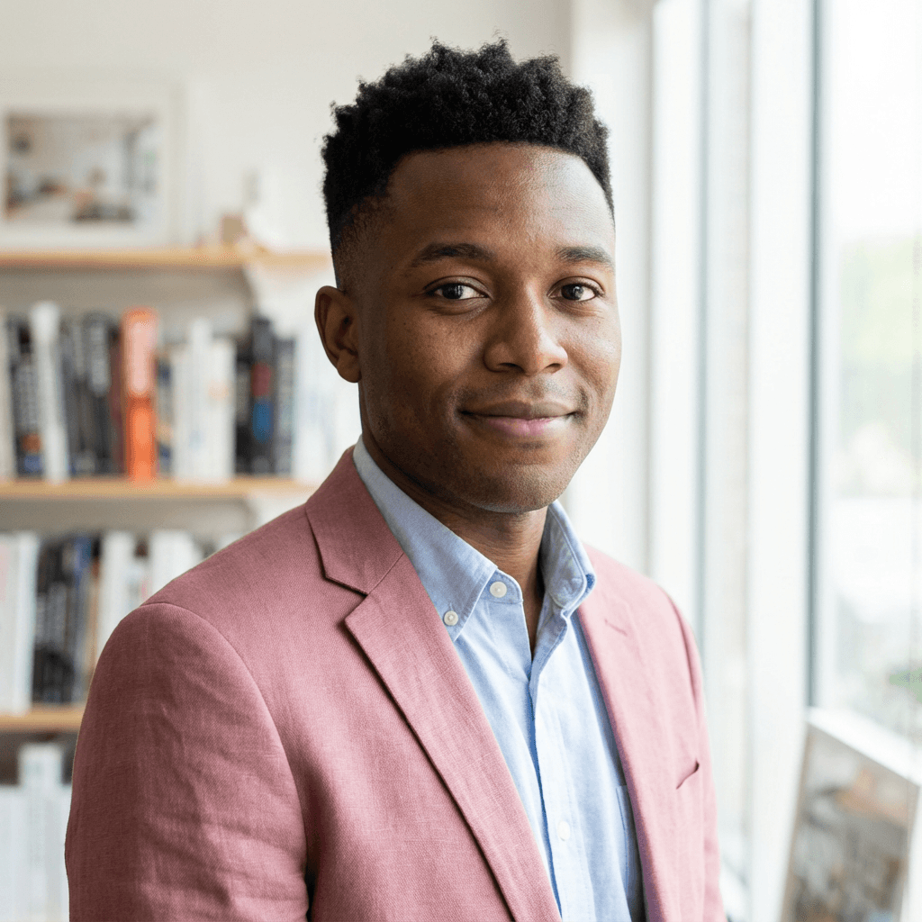 David Okafor, father of a high school student, in a bright kitchen