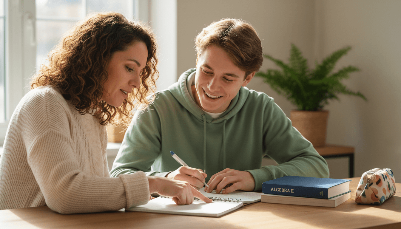 Tutor working one-on-one with a student at a desk in a bright home study space