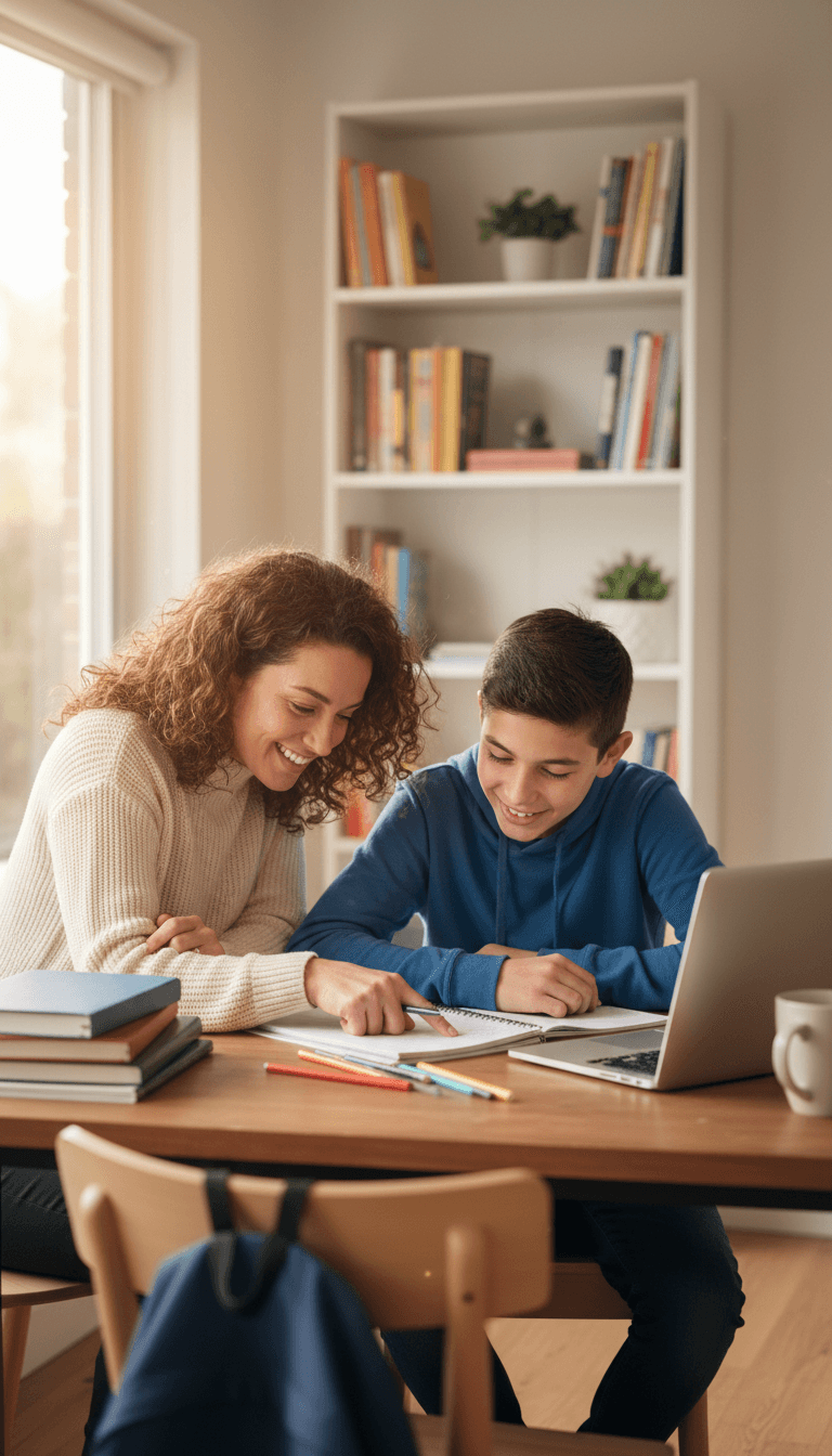 Tutor and student reviewing notes together at a desk