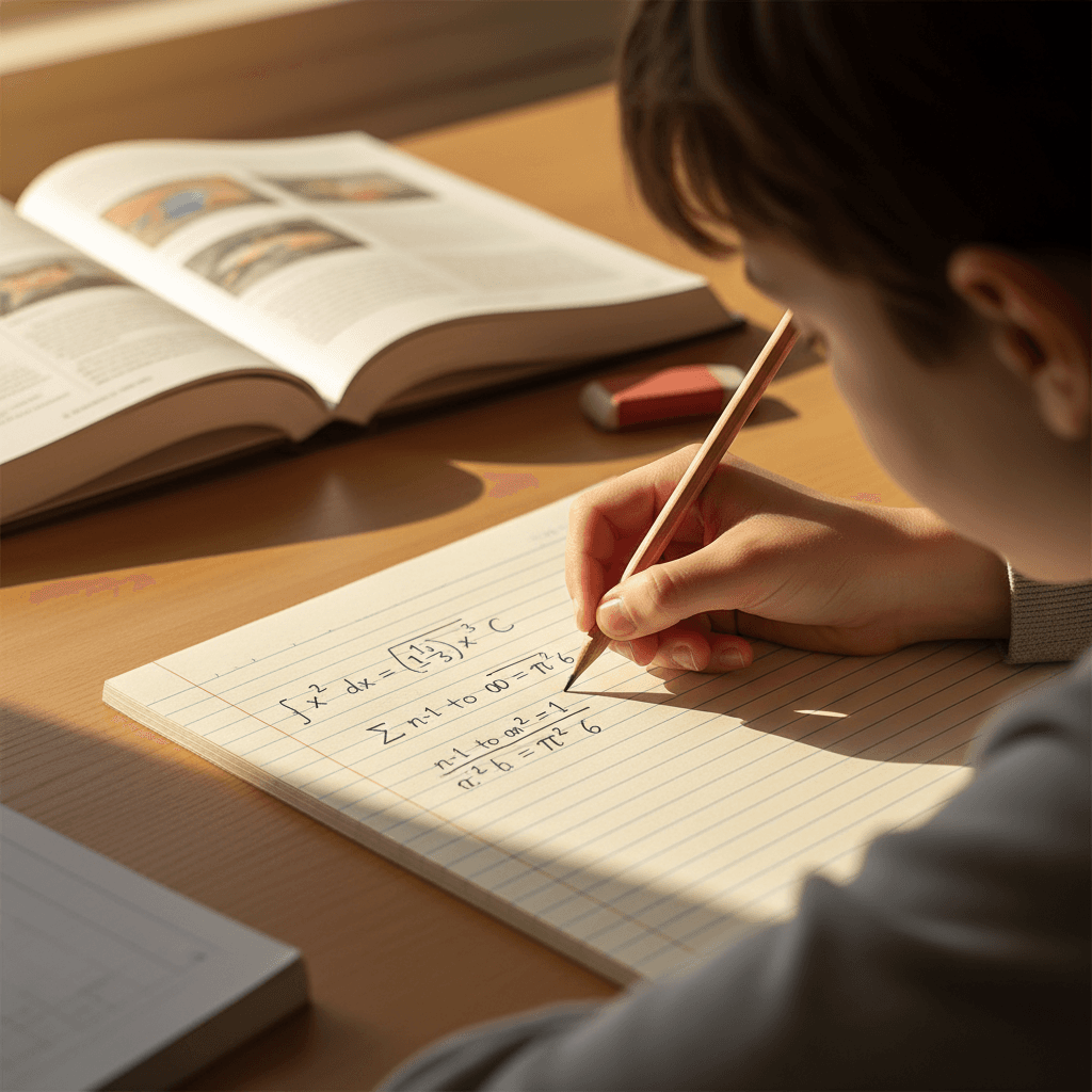 Student writing math problems in a notebook during a tutoring session