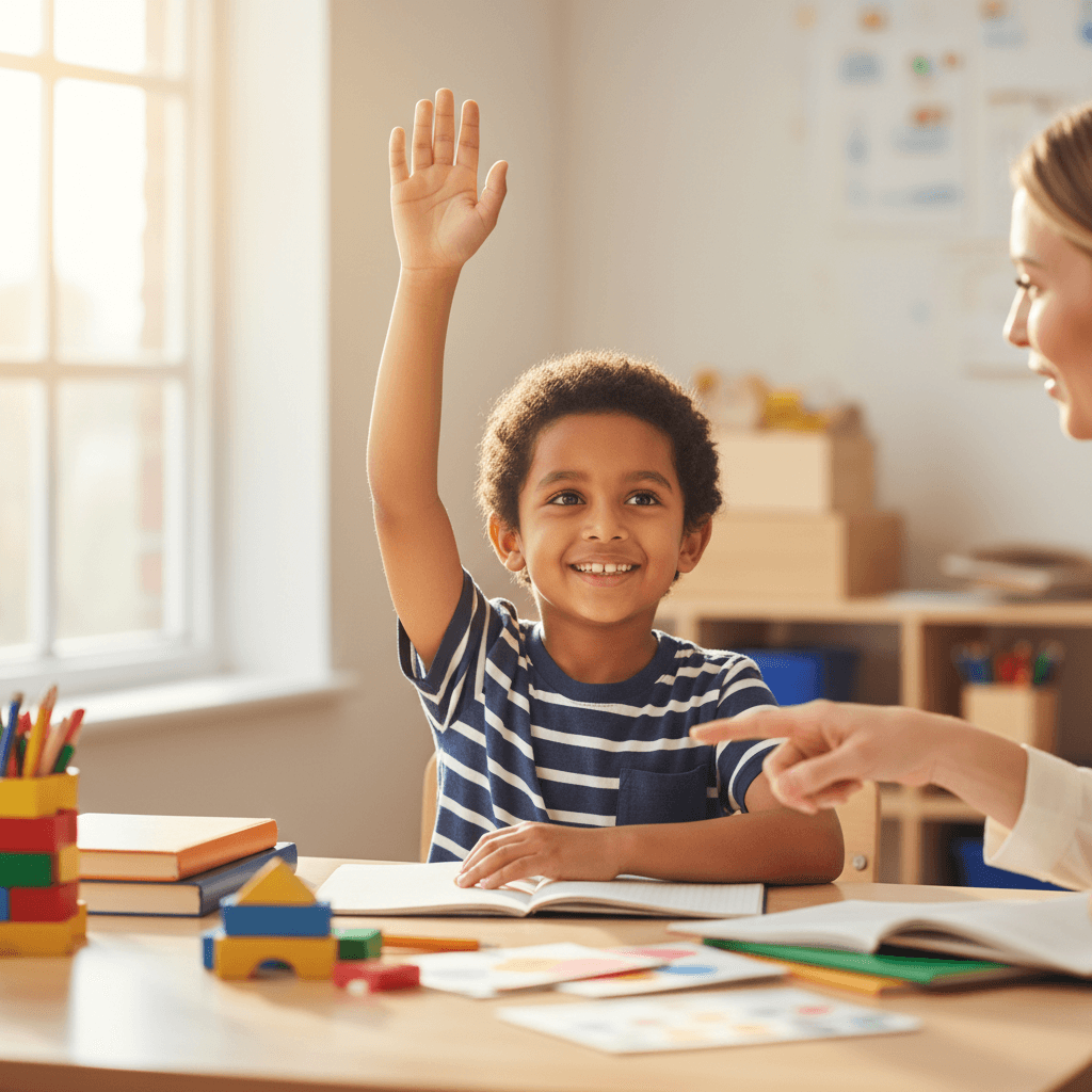 Student confidently raising hand in class with tutor watching